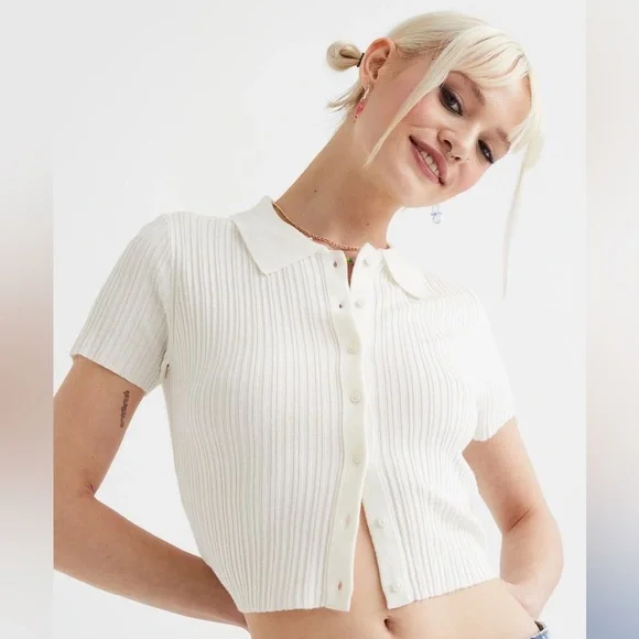 H&M White Collared Ribbed Top (S) - Picture 2 of 5
